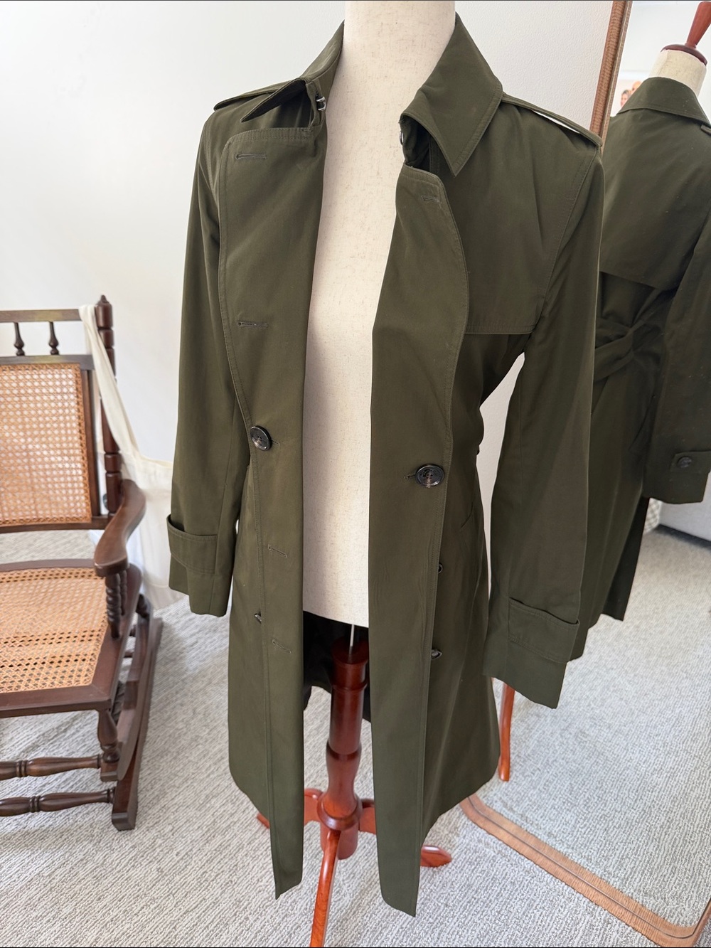 Massimo Dutti Dark Olive Double-Breasted Trench Coat